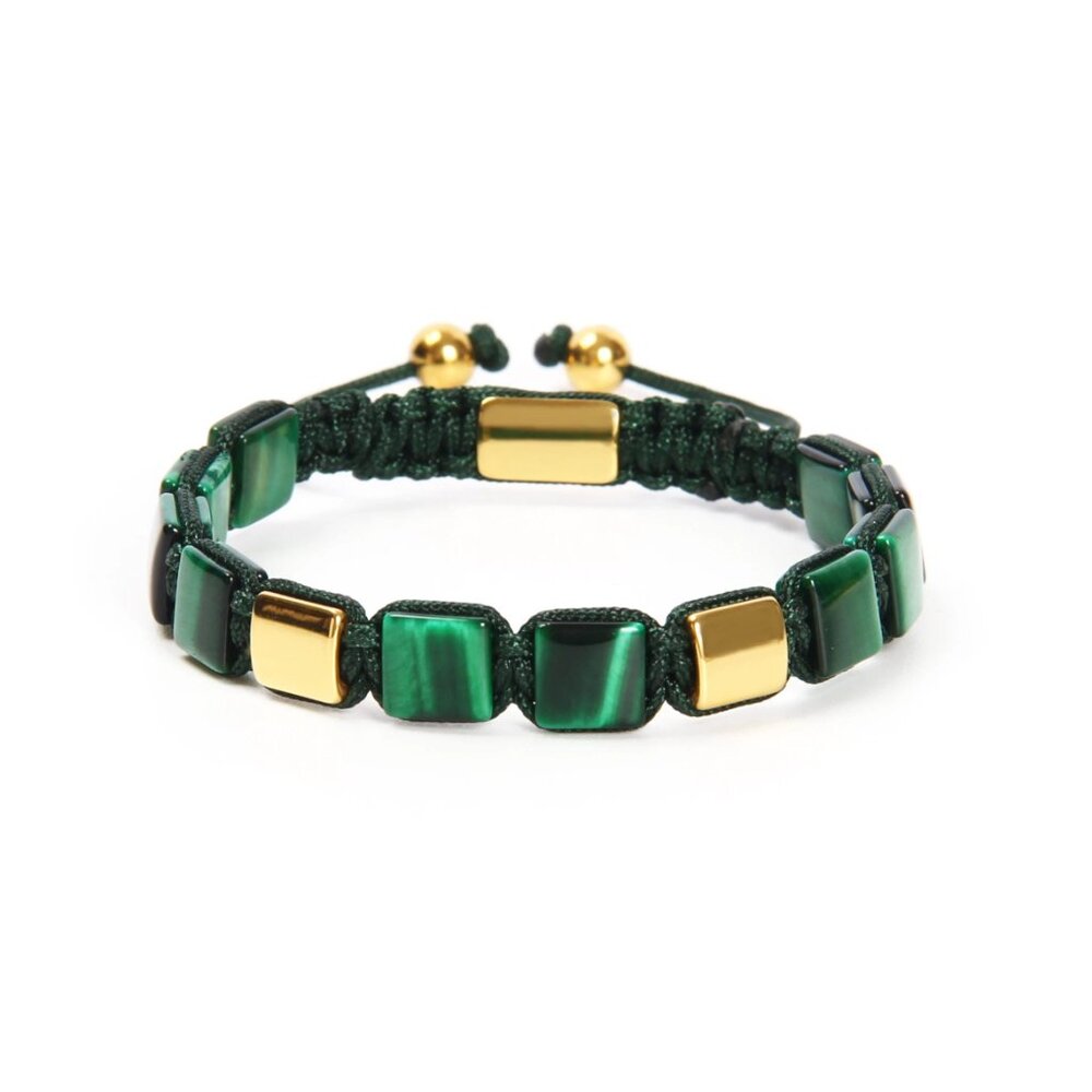 Green Tiger Eye Bracelet, Gold Square Bead & Green Tiger Eye, Macrame Bracelet